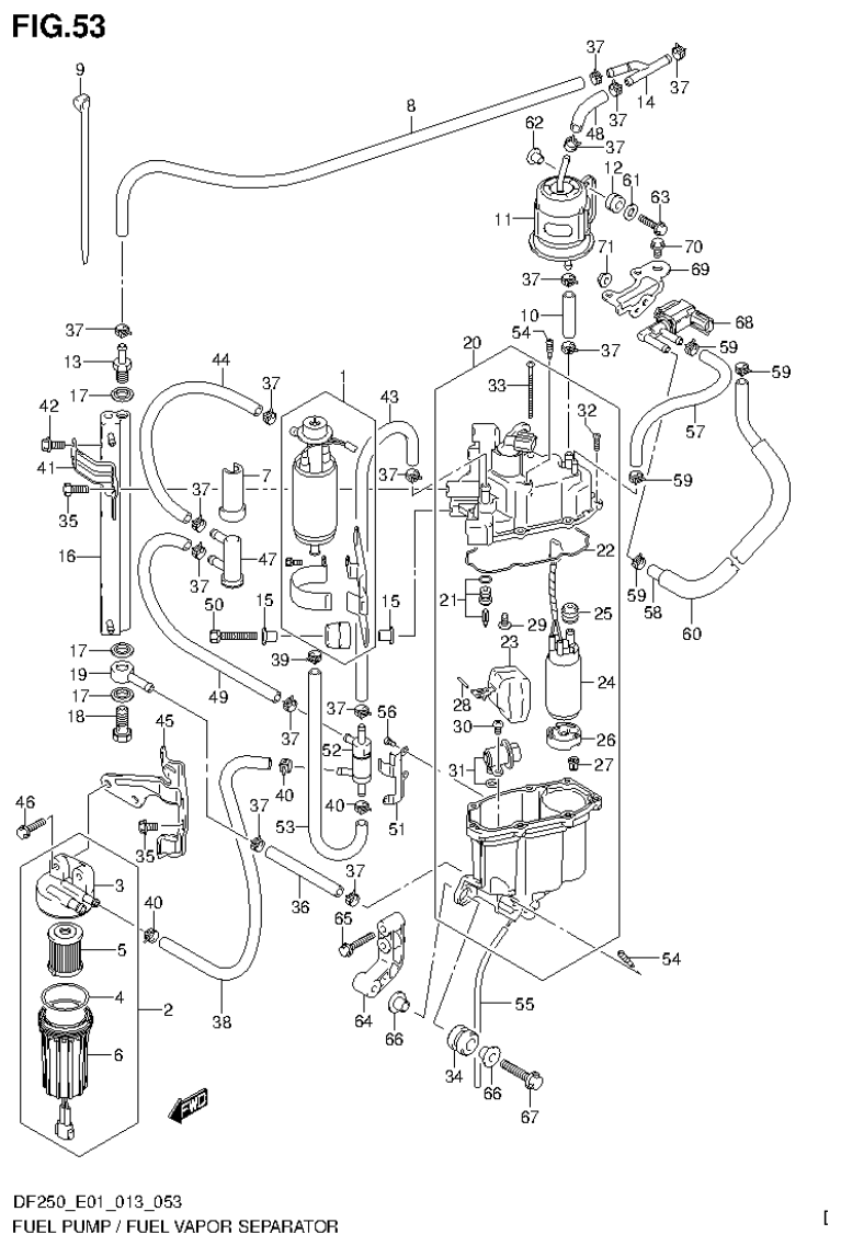 Suzuki DF200T, DF200Z, DF225T, DF225Z, DF250T, DF250Z FUEL PUMP / FUEL VAPOR SEPARATOR (DF250Z E1) parts diagram